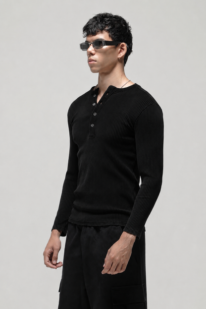 RX RIBBED HENLEY - BLACK